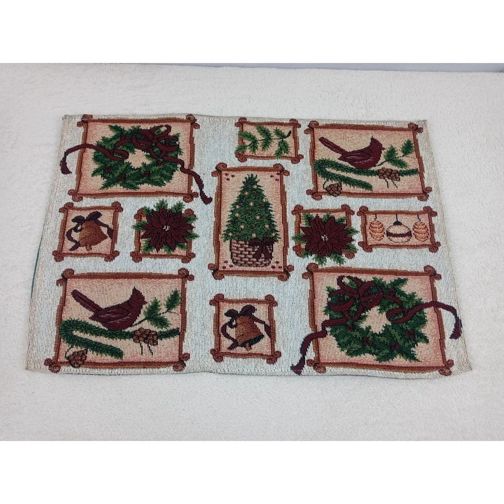 Christmas Tapestry Placemats Set of 4 Holiday Birds Wreaths Tree Bells Poinsetti